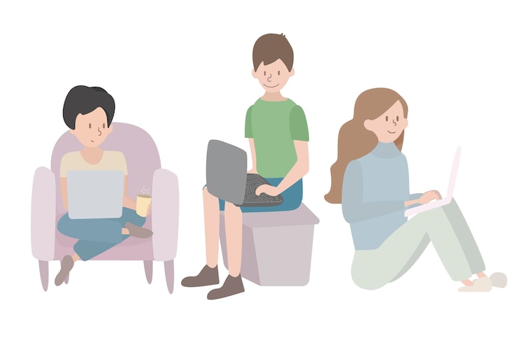 Vector trabajando en casa, espacio de coworking, ilustración de concepto. jóvenes, hombres y mujeres autónomos que trabajan con portátiles y ordenadores en casa. ilustración de estilo plano de vector
