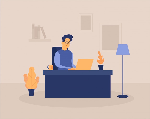 Trabajando desde casa felizmente en la habitación durante la pandemia de gráficos de ilustración plana de auto cuarentena