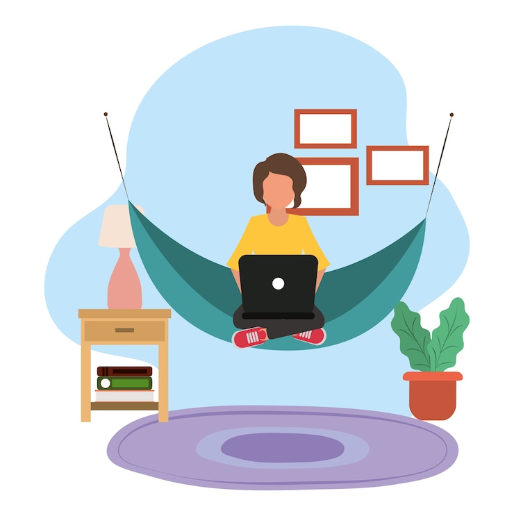 Vector trabajando en casa, hombre usando laptop en hamaca, gente en casa en cuarentena ilustración