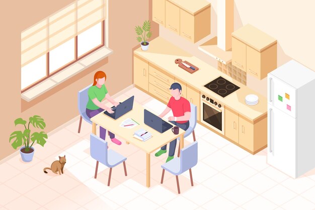Trabajando en casa, oficina en línea freelance, pareja hombre y mujer con computadoras portátiles en la cocina, isométrica. Trabajo a domicilio en línea, negocio de empleados remotos, trabajo independiente y concepto de educación