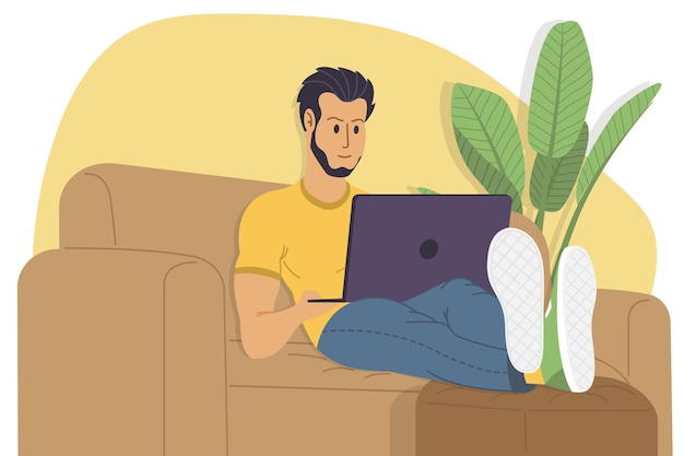 Trabajando desde casa, viendo seminarios web, reuniones en línea ilustración vectorial plana. Videoconferencia, teletrabajo, distanciamiento social, discusión empresarial, estudio. Hombre con laptop está acostado en el sofá.