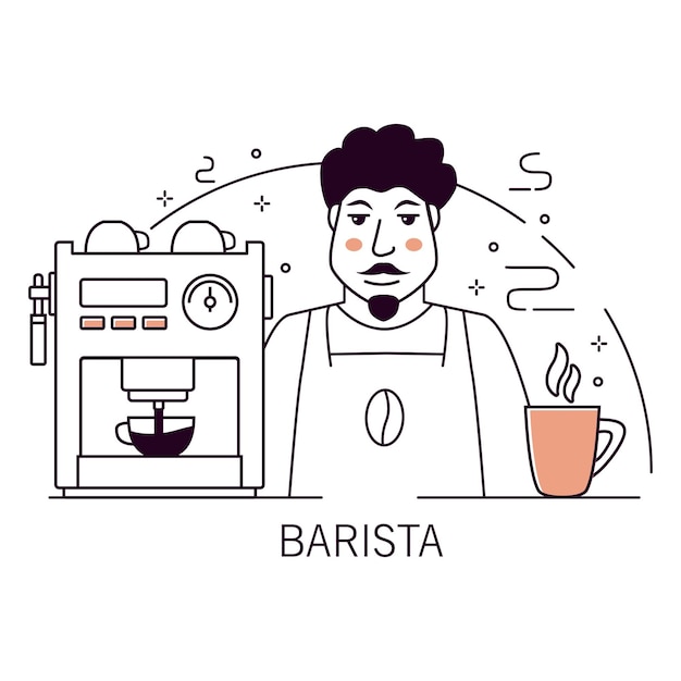 Vector trabajando como barista en una cafetería hombre haciendo café contador de café aparato de máquina de café.