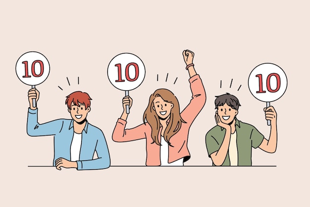 Trabajando como jurado del concepto de concurso. Grupo de jóvenes sonrientes sentados y mostrando letreros con puntuaciones de diez puntos saludando a la ilustración de vector de participante