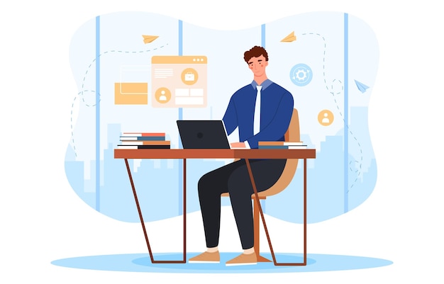 Trabajando en el concepto de oficina un hombre está sentado en su computadora portátil en su lugar de trabajo un empleado de la