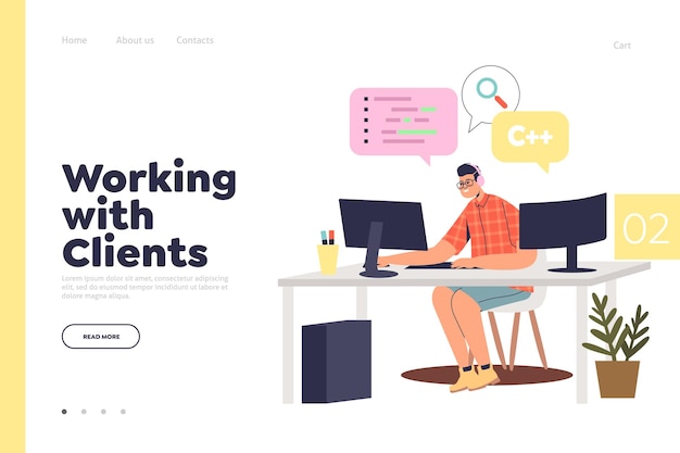 Trabajando con el concepto de página de destino del cliente con el programador codificando en la computadora en un nuevo proyecto. programación para desarrolladores web. codificador masculino joven o ingeniero de ti en el lugar de trabajo. ilustración vectorial plana