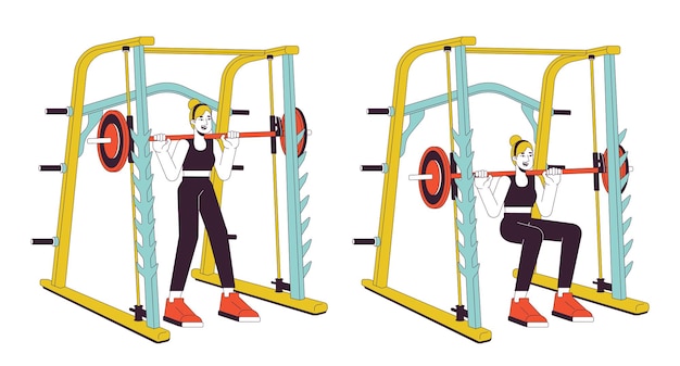 Trabajando en peso power rack ilustración de punto vectorial de línea plana Smith máquina deportista de dibujos animados 2D contorno de personaje en blanco para diseño de interfaz de usuario web Athletic editable imagen de héroe de color aislado