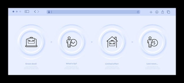 Trabajar desde casa establecer icono Laptop maletín hombre empleado marca de verificación casa distancia remota dólar ganar dinero salario en línea Concepto de negocio Interfaz de sitio web de neomorfismo Icono de línea vectorial