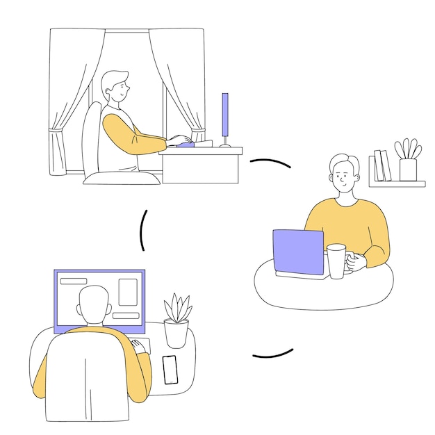 Trabajar desde casa La gente trabaja en equipo desde diferentes ubicaciones de forma remota Ilustración vectorial plana con contorno