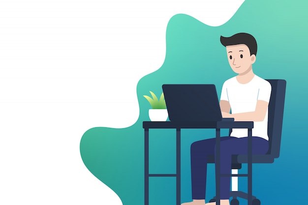 Trabajar desde casa ilustración con espacio de copia, hombre que trabaja con la computadora portátil en el escritorio, diseño plano.