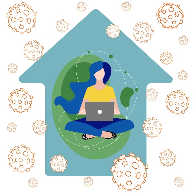 Trabajar desde casa una mujer sentada trabajando en una computadora portátil dentro de una casa rodeada de moléculas de virus ilustración vectorial