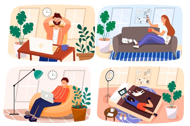 Trabajar en casa. Quedarse en casa. Hombres y mujeres se comunican en línea. Comunicarse con la familia durante la cuarentena. ilustración en estilo plano moderno.