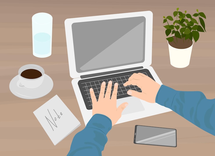 Vector trabajar en casa trabajo remoto concepto de trabajo en línea independiente hombre o mujer trabajando en una computadora portátil manos humanas escribiendo en la ilustración de vector de teclado