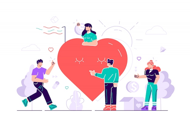 Trabajar como voluntario. El equipo ayuda a la caridad y comparte la esperanza. Cuidado amor. La comunidad de buen corazón apoya a las personas pobres, sin hogar y mayores. La gente se preocupa por linda sonrisa gran corazón rojo. Voluntarios Plano, vector
