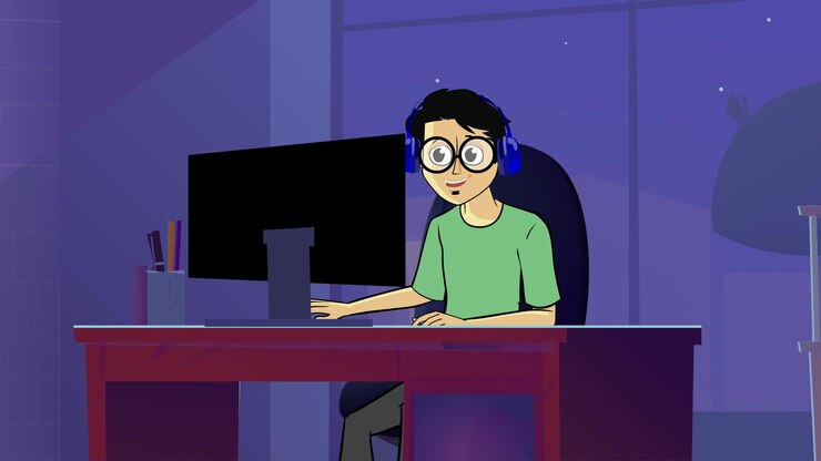 Trabajar en la computadora o joven jugador por la noche jugando a juegos de computadora
