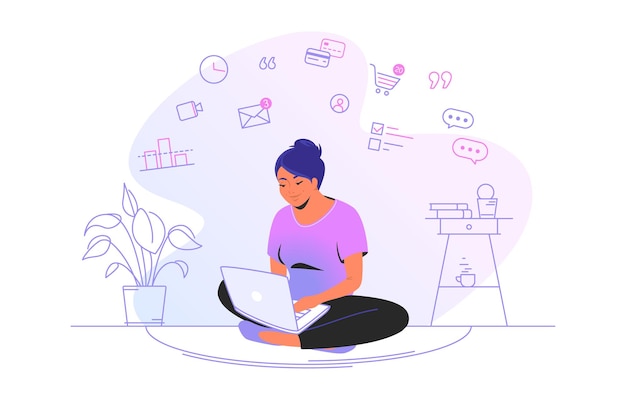 Trabajar en línea con una computadora portátil en casa. Ilustración de vector de línea plana de linda mujer sentada en su casa en posición de loto con laptop y trabajando de forma remota. Concepto de marketing en Internet aislado sobre fondo blanco.