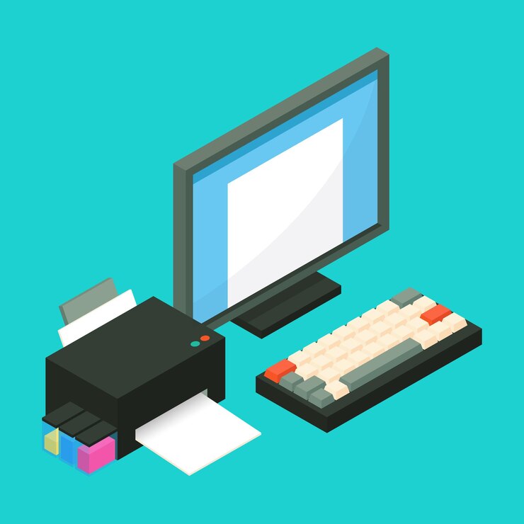 Vector trabaje en documentos en la computadora e imprímalo ilustración vectorial 3d isométrica