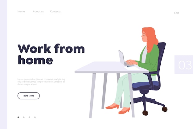 Trabajo desde casa concepto para plantilla de diseño de página de aterrizaje mujer independiente personaje de dibujos animados sentado en la mesa usando computadora portátil para trabajo remoto sitio web que ofrece plataforma de negocios virtuales en Internet
