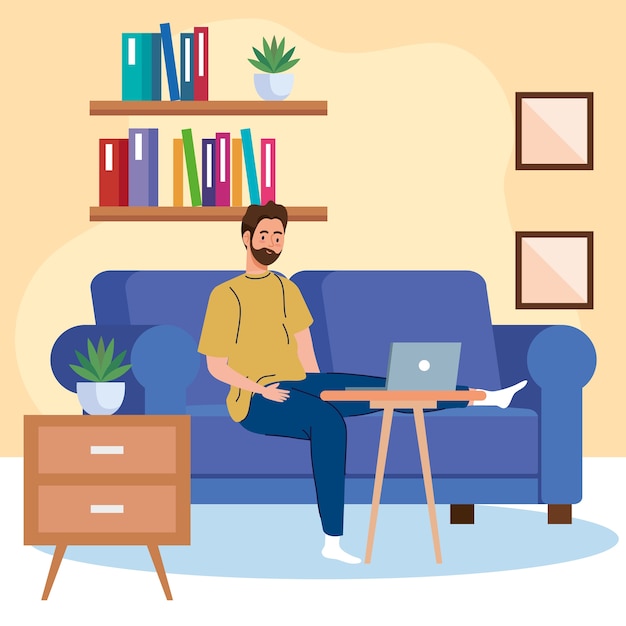 Trabajo desde casa, hombre autónomo con portátil en el sofá, trabajando desde casa a un ritmo relajado, lugar de trabajo conveniente
