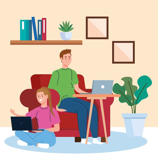 Trabajo desde casa, pareja de autónomos con computadoras portátiles en la sala de estar, trabajando desde casa a un ritmo relajado, lugar de trabajo conveniente
