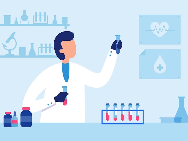 Trabajo científico en laboratorio Investigador masculino en uniforme trabajando con tubos de ensayo en laboratorio