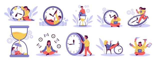Trabajo por computadora Gestión del tiempo Control de horarios por reloj Gente con temporizador y reloj de arena Trabajador eficiente Oficina productiva Organizar tareas o objetivos Planificación de conceptos vectoriales establecidos