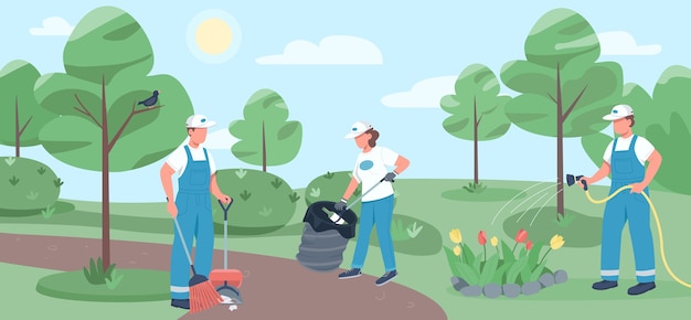 Vector trabajo comunitario color plano. equipo de limpieza personajes de dibujos animados en 2d con parque en el fondo. servicio de limpieza, saneamiento ambiental. voluntarios recogiendo basura y regando flores.