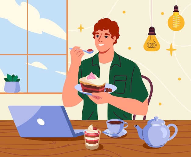 Vector trabajo en el concepto de café hombre feliz sentado con computadora portátil y una rebanada de pastel freelancer y trabajador remoto