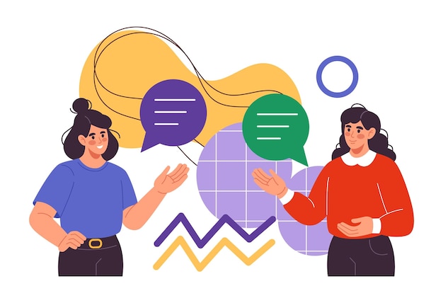 Trabajo corporativo Mujeres de negocios en reuniones burbujas de discurso de fondo abstracto Empleado del equipo profesional Comunicación en la oficina Ilustración de colaboración de éxito aislado de dibujos animados vectoriales