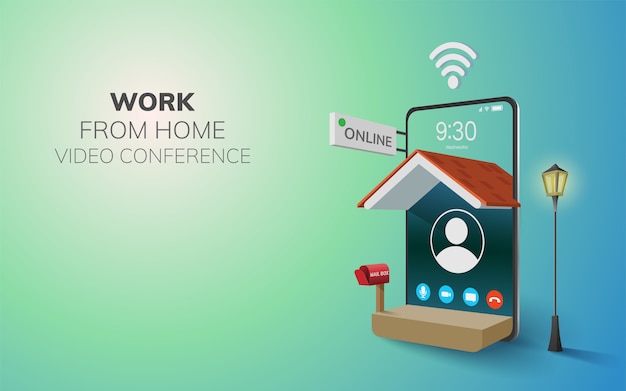 Trabajo digital en línea desde videoconferencia en el hogar, llamada en el teléfono, fondo del sitio web móvil. concepto de distancia social Decoración por hogar wifi móvil. Ilustración 3D pastel de diseño plano - copia espacio