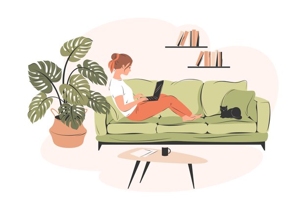Trabajo a distancia Mujer trabajando desde casa sentada en un sofá estudiante o freelance