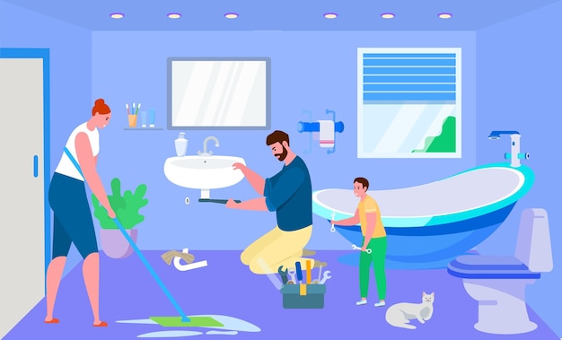 Vector trabajo doméstico con la familia, ilustración vectorial. carácter de mujer limpiar el baño de la casa, padre e hijo reparando el fregadero juntos.