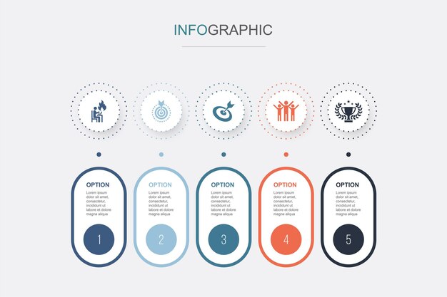 Trabajo duro objetivo meta éxito recompensa iconos Plantilla de diseño infográfico Concepto creativo con 5 pasos