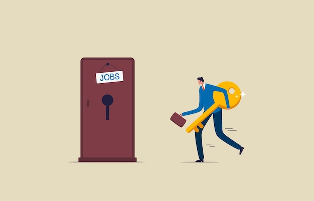 Trabajo de ensueño Éxito clave para alcanzar el concepto de objetivo de carrera Oportunidad de promoción o nuevo trabajo Empresario caminando y sosteniendo la puerta abierta para el camino hacia el éxito profesional Ilustración