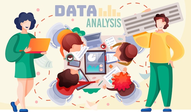 Trabajo en equipo de análisis de datos un equipo de analistas celebra una reunión y desarrolla una estrategia de marketing