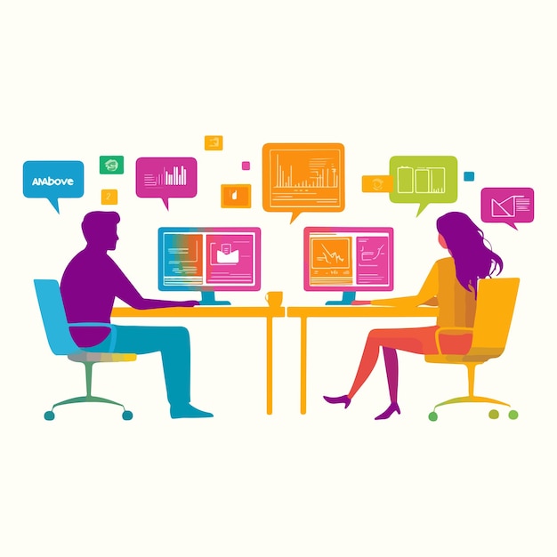 Trabajo en equipo y análisis de datos en la oficina Arte totalmente vectorial