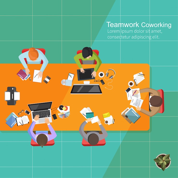 Vector trabajo en equipo de análisis de negocios, diseño plano, área de trabajo de oficina creativa de trabajo en equipo