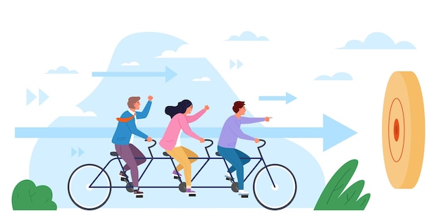 Trabajo en equipo de bicicletas trabajo en equipo bicicleta tándem estilo de vida corporativo alegría empleados trabajando juntos viaje hacia el logro de objetivos ejecutivos creativos asociación concepto vector ilustración