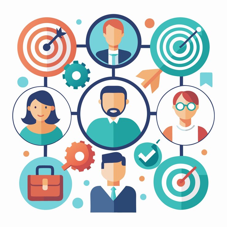Vector trabajo en equipo y colaboración con objetivos objetivos ilustrados por íconos planos para el marketing empresarial y la gestión de proyectos