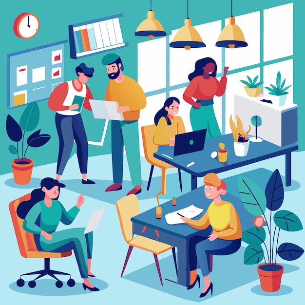 Trabajo en equipo colaborativo Trabajadores de oficina modernos involucrados en la resolución creativa de problemas