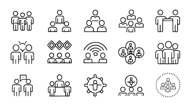 Trabajo en equipo compañeros de trabajo cooperación relacionada icono de contorno de trazo editable conjunto ilustración vectorial plana en fondo blanco