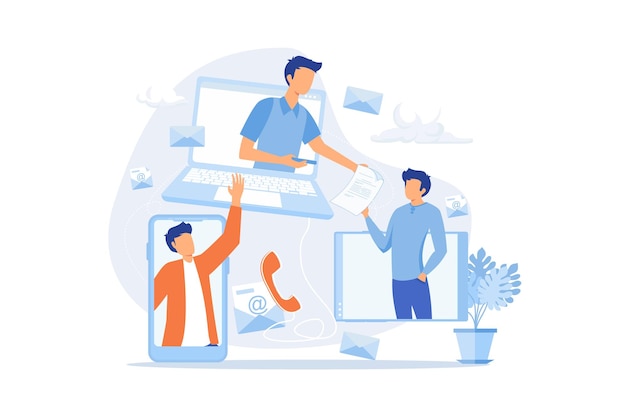 trabajo en equipo comunicándose a través de internet colaborando lluvia de ideas discusión idea ilustración moderna