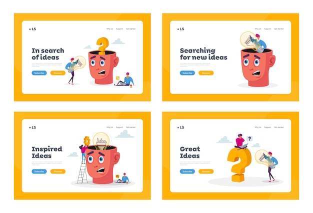 Trabajo en equipo, conjunto de plantillas de página de destino de investigación de ideas. pequeños personajes alrededor de una enorme cabeza con bombilla. perspectiva de búsqueda del equipo empresarial para el proyecto