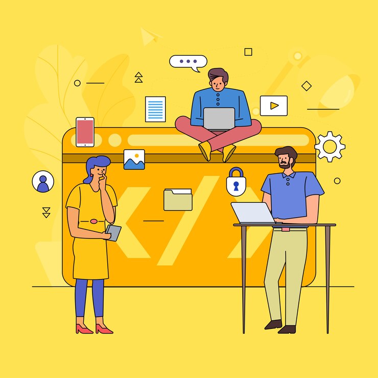 Vector trabajo en equipo, construcción, industria empresarial de la codificación. dibujos animados de línea de estilo gráfico de icono. ilustrar.