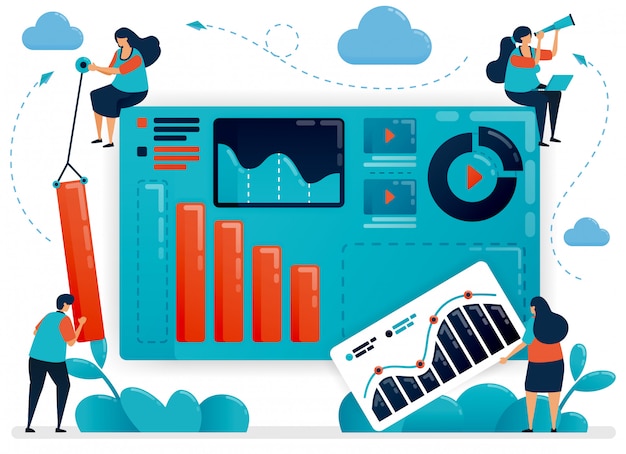 Vector trabajo en equipo para construir una cartera de negocios. gráfico y diagrama para analizar la estrategia. estadística de crecimiento de la empresa. inicio de desarrollo.