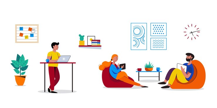 Vector trabajo en equipo de coworking gente que trabaja en un espacio abierto ilustración vectorial sobre fondo blanco