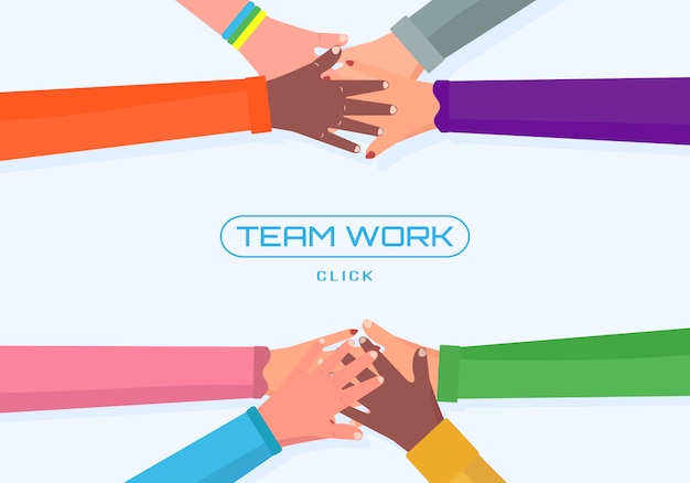 Trabajo en equipo, diferentes personas de levantar sus manos juntas. amigos con un montón de manos mostrando unidad y trabajo en equipo, vista superior. gente de cooperación empresarial, unidad y trabajo en equipo. ilustración.