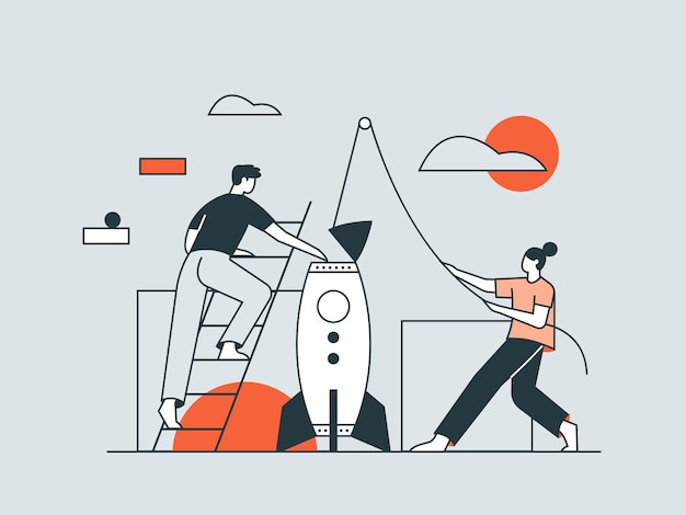 trabajo en equipo, edificio, inicio, ilustración