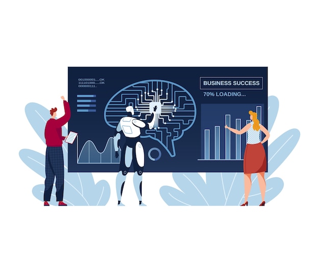 Trabajo en equipo empresarial, ai con ilustración de personas. tecnología gráfica digital en computadora, concepto de trabajo de automatización futura. éxito de infografía creativa, desarrollo moderno plano en la oficina.