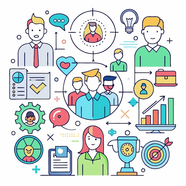 Trabajo en equipo empresarial y concepto de liderazgo con íconos de línea