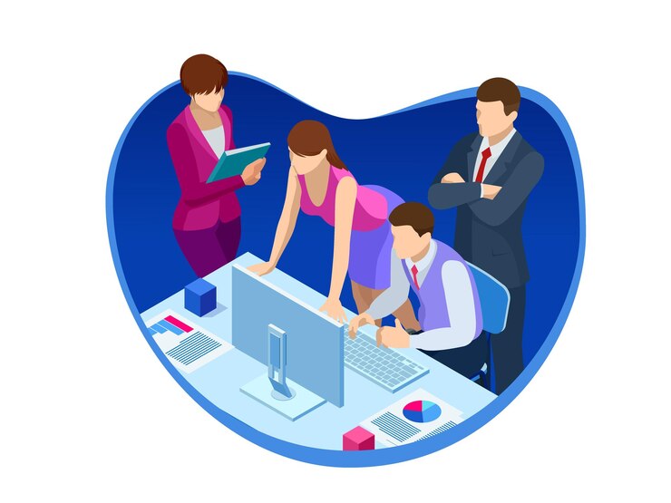 Vector trabajo en equipo empresarial isométrico y marketing digital, reunión, innovación creativa.